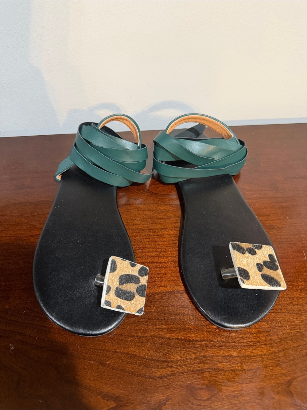 Women’s Green Wrap-Strap Sandals with Leopard Toe Accent